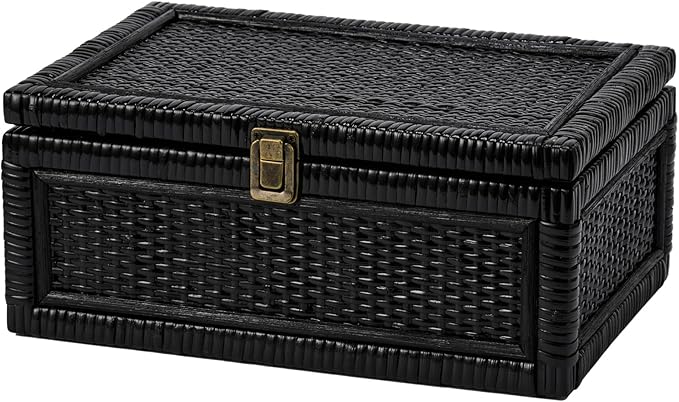 Rattan Box with Lid Decorative Natural Handmade Boho Rattan Baskets Woven Wicker Cane Bins Keepsake Memory Jewelry Boxes Rectangular Desk Shelf Closet Organizer Container (Black, Large)