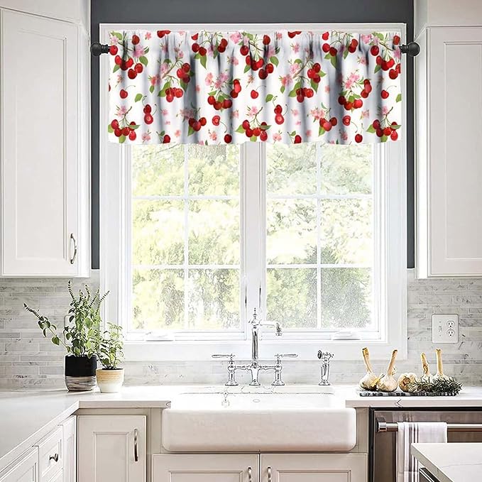 Cherry Floral Curtain Valance, Red Fruit Pink Flower Blossom Spring Decorative Short Window Treatment for Kitchen Dining Bedroom Living Room Home Decor, 54x18Inch