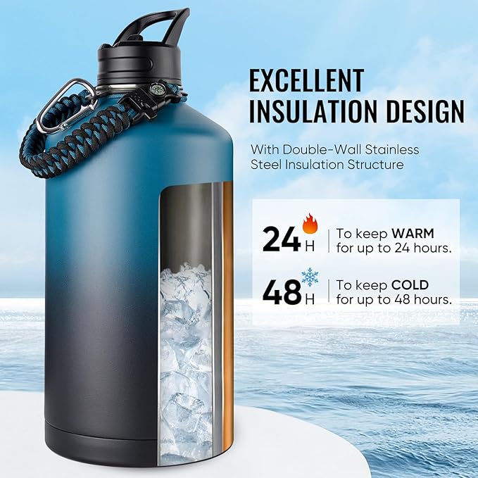 Fijinhom Gallon Water Bottle with 2 Lids (Straw & Spout), 304 Stainless Steel Water Jug with Handle and Wide Mouth, 1 Gallon Vacuum Double Walled Jug for Sports, Outdoors, Blue&Black 128 oz