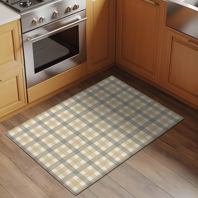 Area Rug 2x3ft, Farmhouse Vintage Beige Tan Buffalo Plaid Washable Rugs for Living Room Bedroom, Rustic Linen Soft Non-Slip Area Rugs Rectangle Floor Carpet for Dining Room