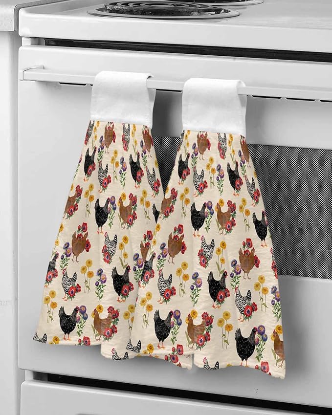 Alandar Home Kitchen Tie Towel Set of 1, Farm Chicken Colorful Poppy Absorbent Soft Hand Towels for Bathroom Hanging Towels, Spring Floral on Beige Fast Drying Cleaning Cloth with Loop