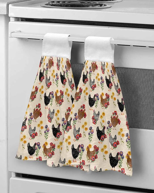 Alandar Home Kitchen Tie Towel Set of 1, Farm Chicken Colorful Poppy Absorbent Soft Hand Towels for Bathroom Hanging Towels, Spring Floral on Beige Fast Drying Cleaning Cloth with Loop