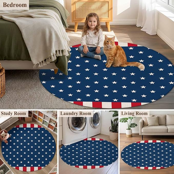 Washable Round Area Rug American Independence Day Circle Rugs Floor Carpet for Living Room Bedroom, USA Stars on Blue Red White Border Soft Non Slip Round Rug 4ft