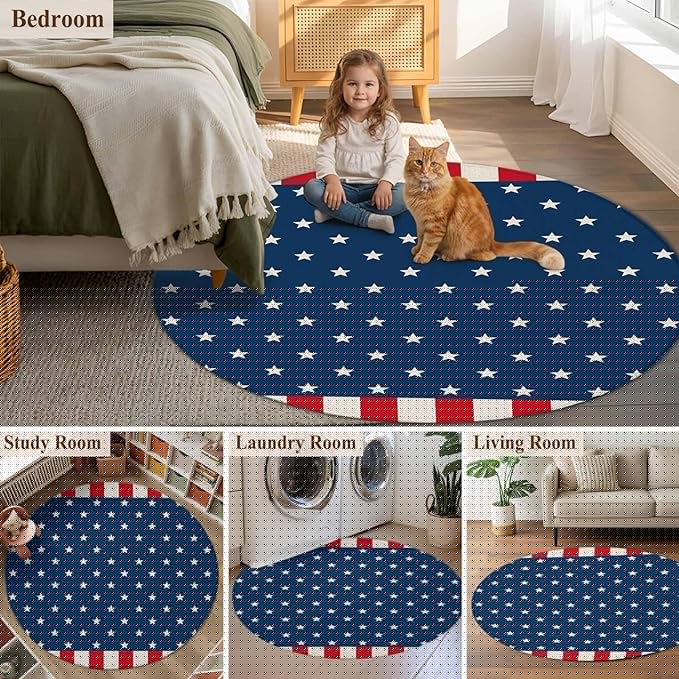 Washable Round Area Rug American Independence Day Circle Rugs Floor Carpet for Living Room Bedroom, USA Stars on Blue Red White Border Soft Non Slip Round Rug 5ft