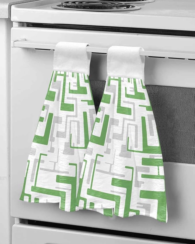 Alandar Home Kitchen Tie Towel Set of 1, Green Gray Stripes on White Absorbent Soft Hand Towels for Bathroom Hanging Towels, Modern Geometric Texture Fast Drying Cleaning Cloth with Loop