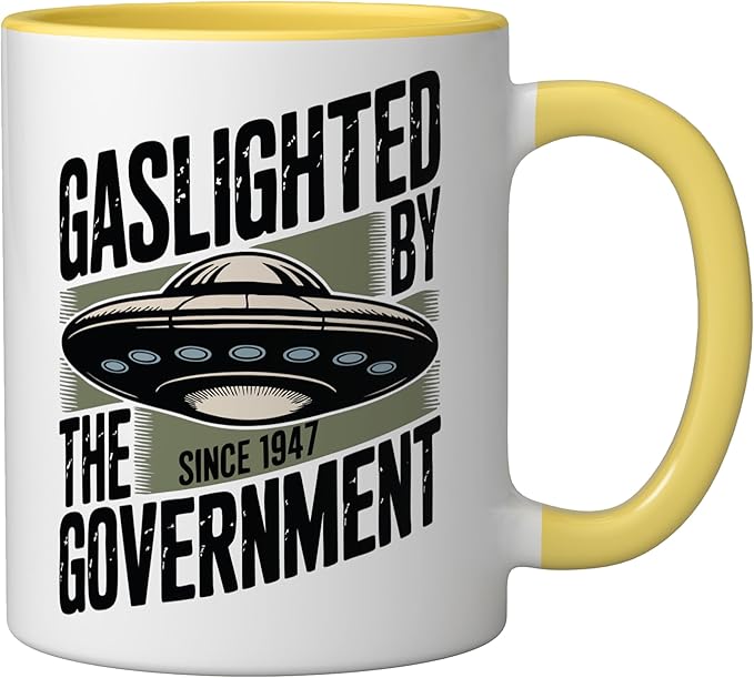 UFO Cover Up Gaslighted by the Government 1947 Ceramic Mug, Yellow/White