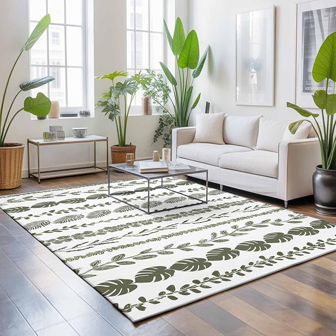 Area Rug 3x5ft, Summer Tropical Leaf Seamless Washable Rugs for Living Room Bedroom, Farmhouse Green Leaves Plant Soft Non-Slip Area Rugs Rectangle Floor Carpet for Dining Room