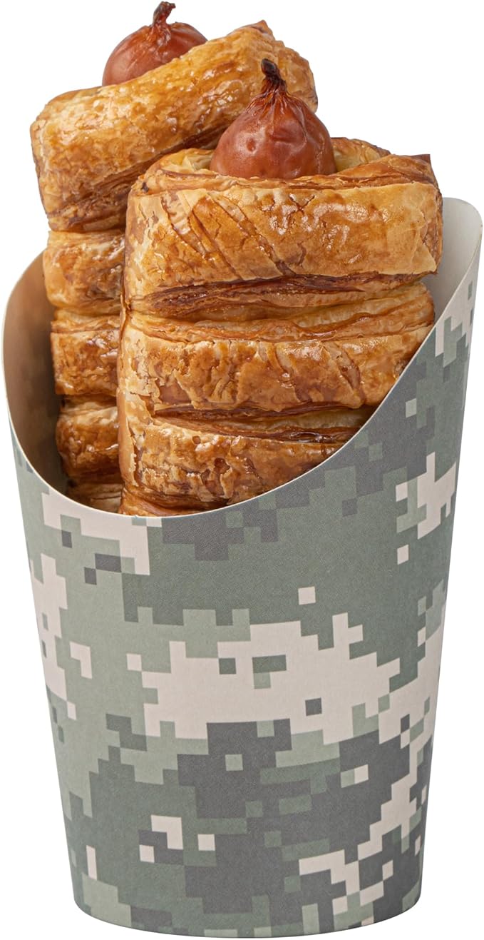 Restaurantware-Bio Tek 12 Ounce French Fry Containers, 100 Disposable Charcuterie Cups - Incline Design, Round, Camouflage Paper French Fry Cups, Stackable, For Waffles, Chips, or Popcorn
