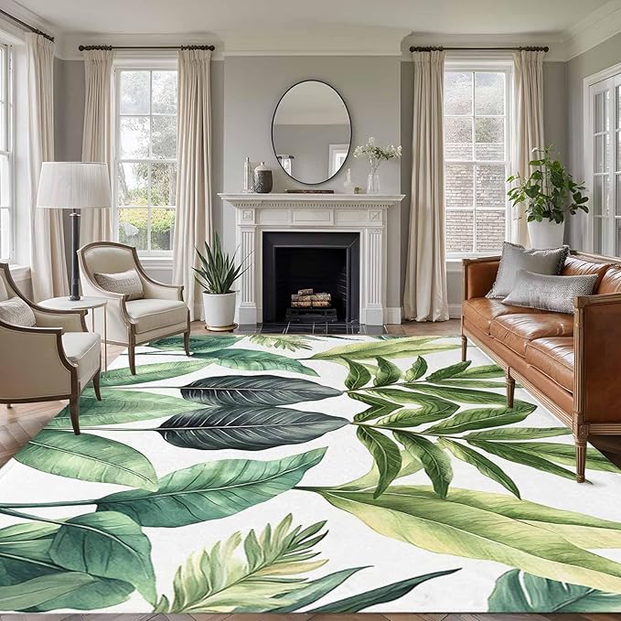 Area Rug 6x9ft, Summer Green Tropical Palm Leaves Washable Rugs for Living Room Bedroom, Watercolor Plant Soft Non-Slip Area Rugs Rectangle Floor Carpet for Dining Room