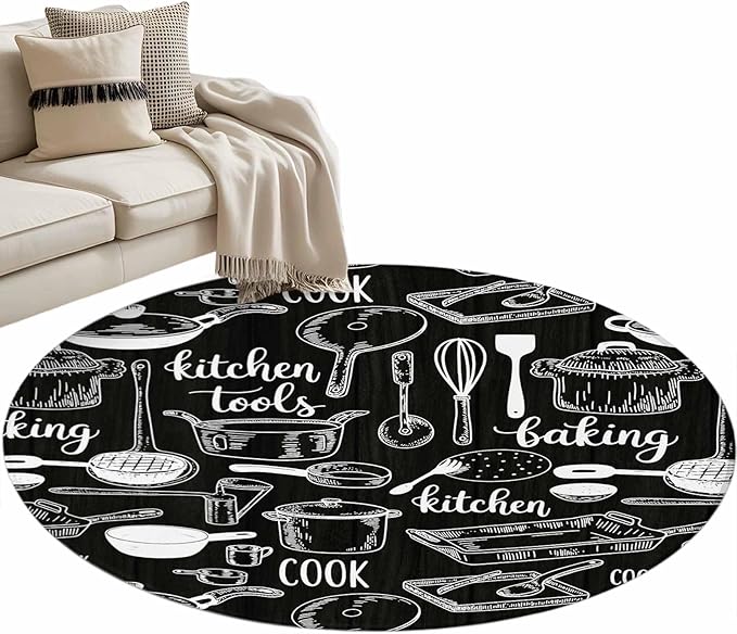 Black Kitchen Tools 3.3ft Round Rug, Modern Cooking Utensil Non-Skid Rubber Backing Large Area Rugs - Living Room Bedroom Home Office, Farmhouse Cookware Indoor Floor Mat Carpets Washable Rug