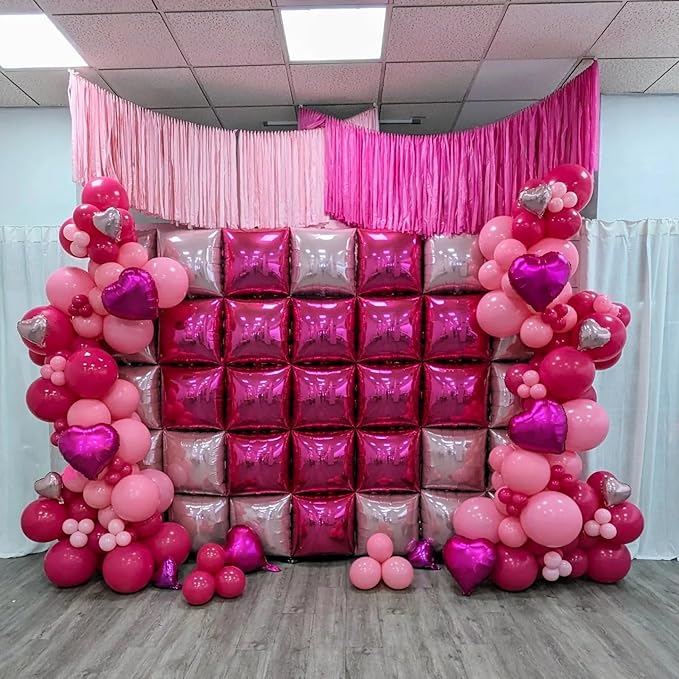 Hot Pink Square Foil Balloon Wall,25Pcs Double Sided Balloons Backdrop Foil Balloon Tunnel Arch Garland Kit for Valentine's Day Birthday Bridal Anniversary Baby Shower Party Decorations
