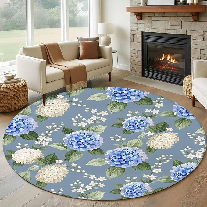 Washable Round Area Rug Watercolor Purple White Hydrangea Circle Rugs Floor Carpet for Living Room Bedroom, Spring Flower on Gray Blue Soft Non Slip Round Rug 5ft