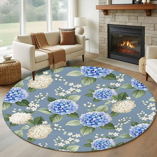 Washable Round Area Rug Watercolor Purple White Hydrangea Circle Rugs Floor Carpet for Living Room Bedroom, Spring Flower on Gray Blue Soft Non Slip Round Rug 5ft