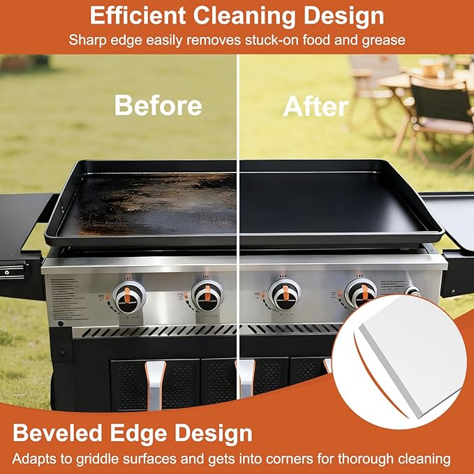 Stainless Steel Griddle Scraper, 5.3" & 4.5" Wide, Heavy Duty Metal Scraper, Sharp Blade and Full Tang Silicone Handle, Great BBQ Cleaning Kit for Flat Top Grill & Griddle Accessories (2 Pack)