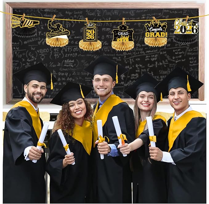 2026 Graduation Party Decorations - 8 Pcs Black Gold Class of 2026 Graduation Party Decor Honeycomb Centerpieces for Tables Congratulate for 2026 Congrats Grad Party Supplies