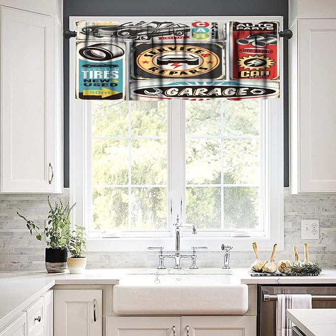1950s Retro Valances Curtains Vintage Car Signs Automobile Advertising Repair Vehicle Garage Servicing, Windows Short Curtain Valance for Kitchen Bedroom with Rod Pocket, One Panel 54X18 Inches