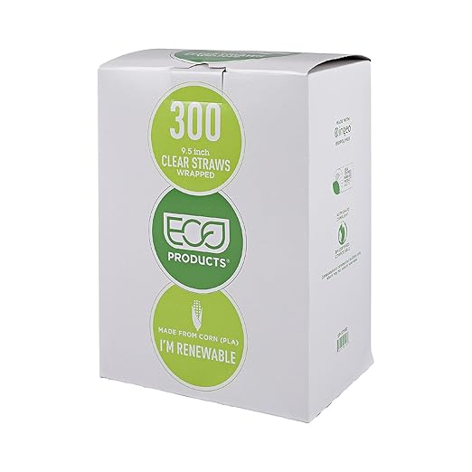 Eco-Products Compostable Paper Wrapped Jumbo Plastic Straws, 9.5" Long, 8mm Diameter, Box of 300, Clear Disposable Plant Based PLA Plastic, Large Sized Drinking Straws, ASTM Compliant, BPI-Certified