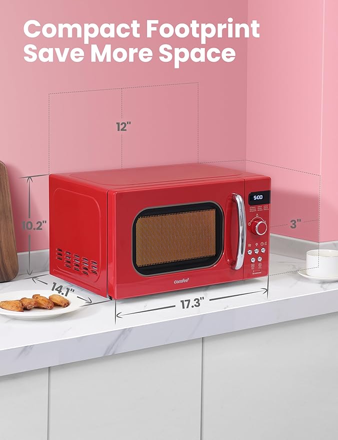 COMFEE' Retro Small Microwave Oven With Compact Size, 9 Preset Menus, Position-Memory Turntable, Mute Function, Countertop Microwave Perfect For Small Spaces, 0.7 Cu Ft/700W, Red, AM720C2RA-R