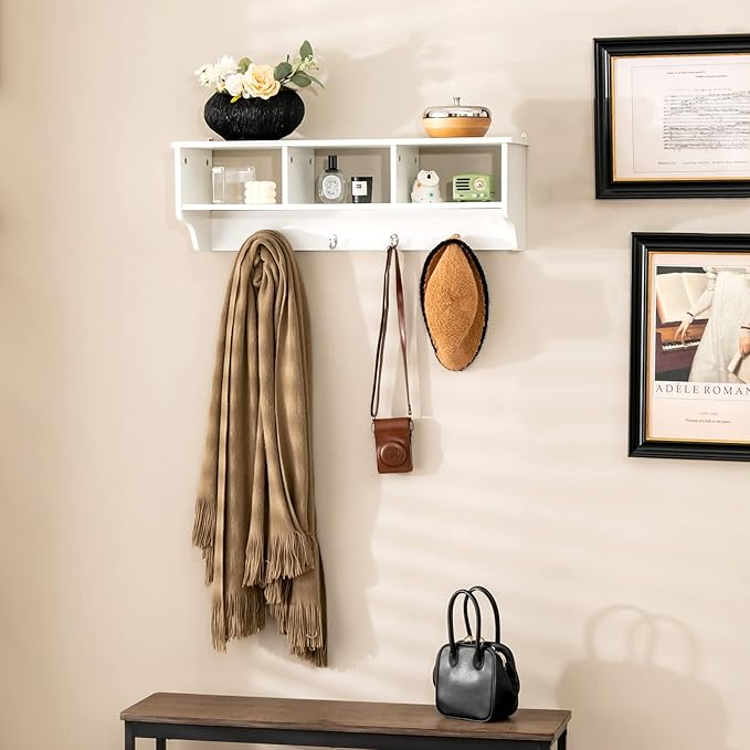 Casart Hanging Shelf Wall Mounted Storage Cabinets W/Hooks for Bedroom, Living Room and Entryway (White)