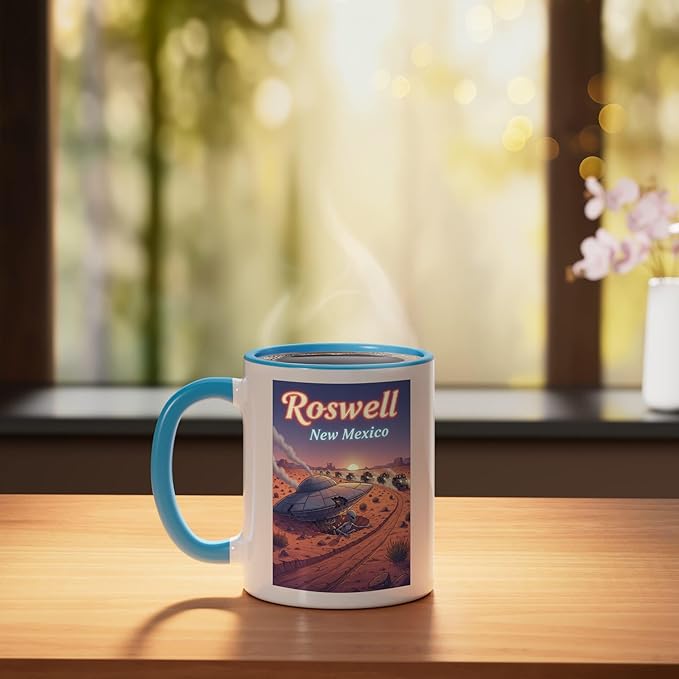 Roswell New Mexico UFO Crash in the Desert Alien Souvenir Ceramic Mug, Blue/White