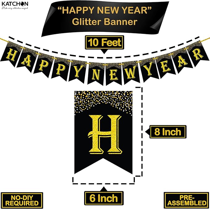 KatchOn, New Years Eve Party Supplies 2026 - Pack of 5 | 10 Feet, No DIY, Happy New Year Banner with 40 Inch, 2026 Balloons Gold | Happy New Years Decorations 2026 | New Year Decorations