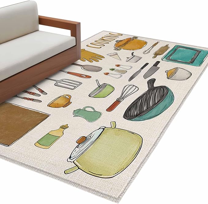 Cooking Kitchenware Kitchen Tool Pattern Rectangle Rugs 3x5ft for Living Room Washable Circle Rug Non-Slip Carpet Soft Mat for Bedroom Dining Room Bathroom Home Holiday Decorations Indoor