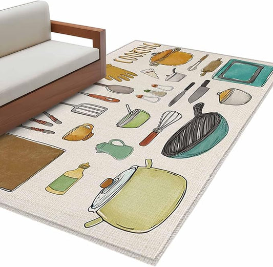 Cooking Kitchenware Kitchen Tool Pattern Rectangle Rugs 3x5ft for Living Room Washable Circle Rug Non-Slip Carpet Soft Mat for Bedroom Dining Room Bathroom Home Holiday Decorations Indoor
