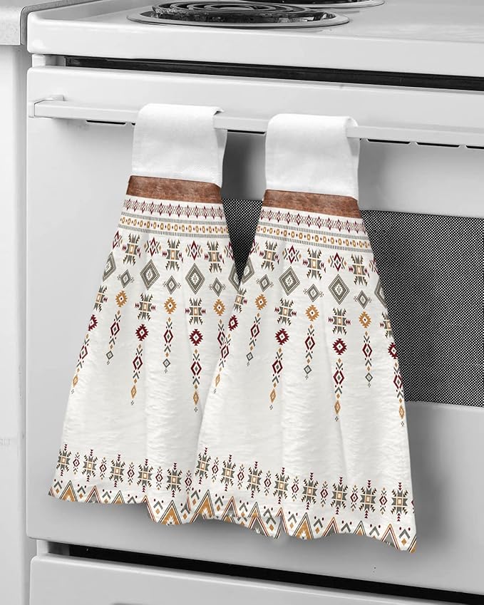 Alandar Home Kitchen Tie Towel Set of 1, Boho Tribal Totem Aztec Ethnic Stripe Absorbent Soft Hand Towels for Bathroom Hanging Towels, Vintage Brown Plank Fast Drying Cleaning Cloth with Loop
