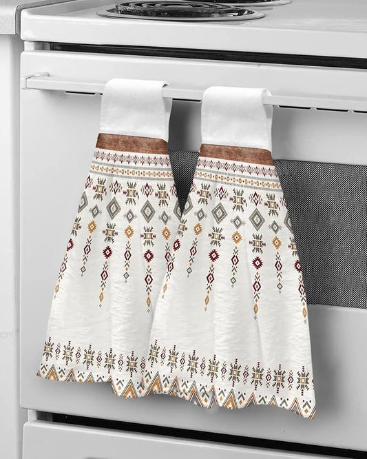 Alandar Home Kitchen Tie Towel Set of 2, Boho Tribal Totem Aztec Ethnic Stripe Absorbent Soft Hand Towels for Bathroom Hanging Towels, Vintage Brown Plank Fast Drying Cleaning Cloth with Loop