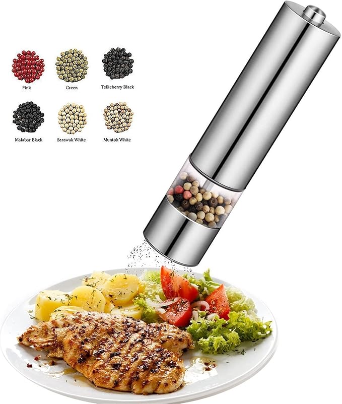 Pepper Mill Grinder 2 Pcs Stainless Steel Electric Salt and Pepper Mill Set Herb Spice Grinder Adjustable Coarseness One Handed Operation Kitchen Gadget for Home, Barbecue, Party (Color : 1) (6 )