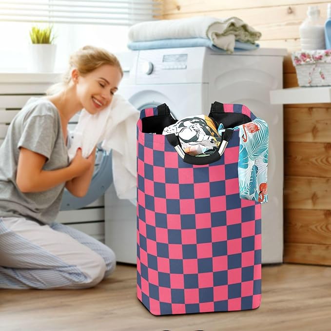 Purple and Blue American Plaid laundry baskets, collapsable and waterproof baskets for organizing with sturdy handle for toys clothing 51L canastas para ropa sucia ni?os