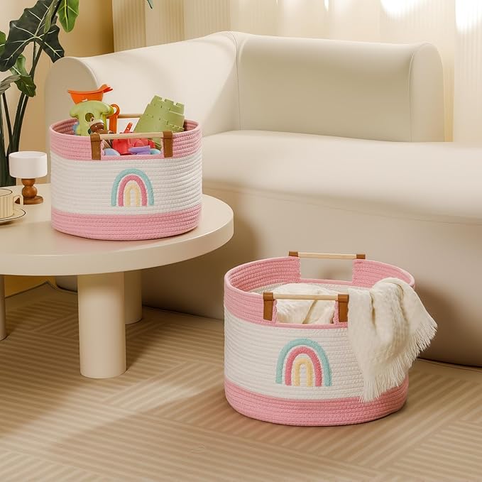 Toy Storage Bin Box for Kids Stuffed Animal Storage Basket for Blanket Baskets Living Room Cotton Rope Woven Baskets for Babies Toddlers Laundry Hamper for Nursery Play Room, Girls Gift Baskets Empty