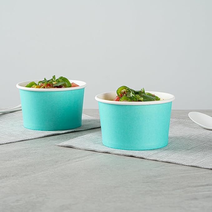 Restaurantware Coppetta 5 Ounce Dessert Cups, 50 Disposable Ice Cream Cups - Lids Sold Separately, Sturdy, Turquoise Paper FroYo Bowls, Striped, For Hot And Cold Foods, Perfect For Gelato