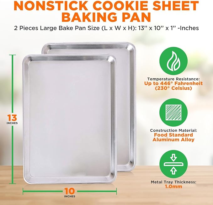 NutriChef Non Stick Baking Sheets, Cookie Pan Aluminum Bakeware, Professional Quality Kitchen Cooking Non-Stick Bake Trays with Silver Coating Inside and Outside, 1 Pair of Pans