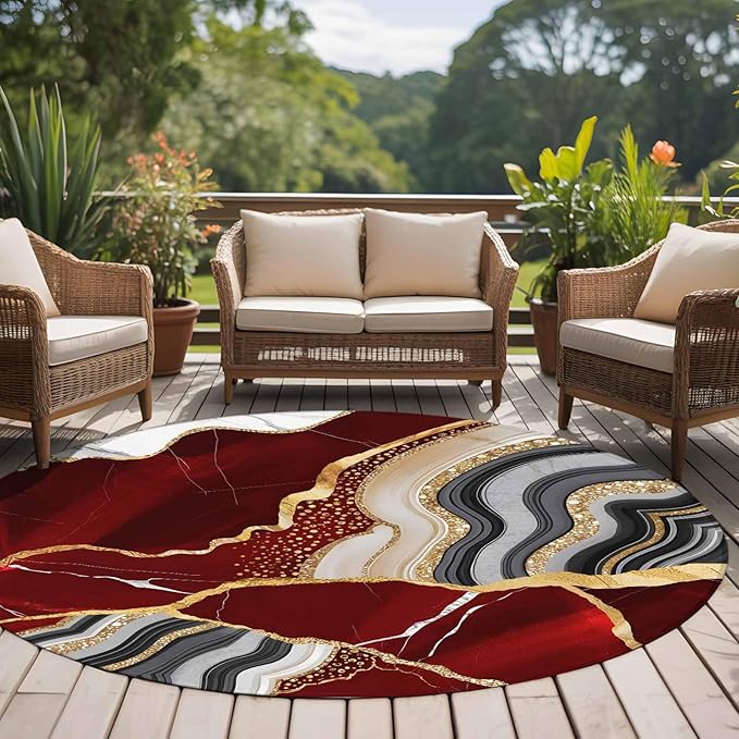 Washable Round Area Rug Abstract Flowing Marble Fluid Art Circle Rugs Floor Carpet for Living Room Bedroom, Red and Gold Lines Soft Non Slip Round Rug 5ft