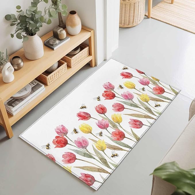 Area Rug 2x3ft, Red Pink Yellow Tulips Bees Washable Rugs for Living Room Bedroom, Watercolor Flower Leaves Soft Non-Slip Area Rugs Rectangle Floor Carpet for Dining Room