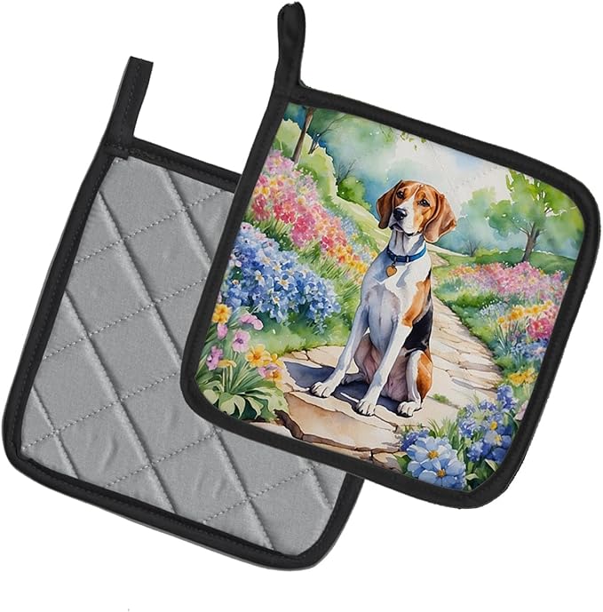 Caroline's Treasures English Foxhound Spring Path Pair of Pot Holders Kitchen Heat Resistant Pot Holders Sets Oven Hot Pads for Cooking Baking BBQ, 7 1/2 x 7 1/2