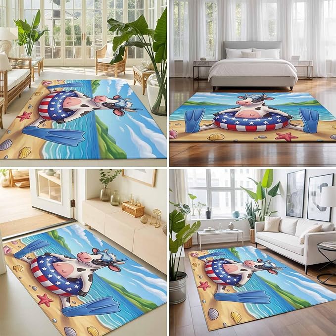 Area Rug 4x6ft, Summer Beach Snorkeling Cow Washable Rugs for Living Room Bedroom, Ocean Starfish Funny Animal Art Soft Non-Slip Area Rugs Rectangle Floor Carpet for Dining Room