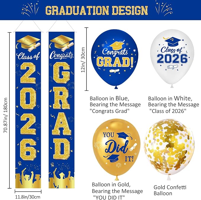 Graduation Decorations Class of 2026 - Blue and Gold Party Supplies with Congrats Grad Backdrop & Banner, Hanging Swirls, Porch Sign, Balloons for Graduation Decorations bjb-2-lanjin