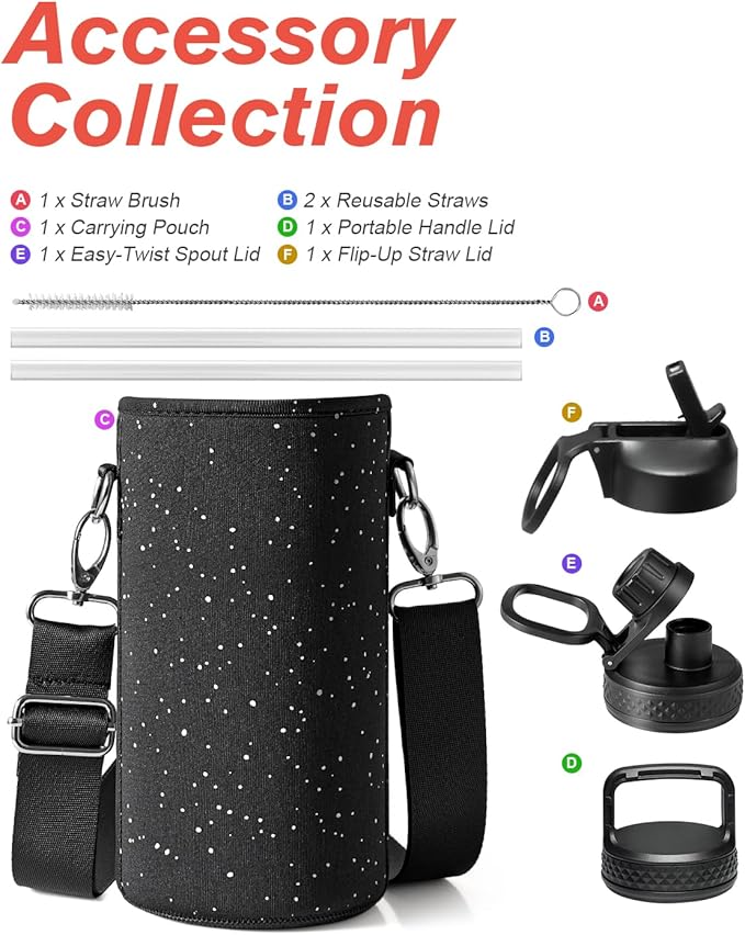 Coolflask Water Bottle 32 oz Insulated with Straw, Stainless Steel Metal 3 Lids Water Flask Wide Mouth for Sports or Office, Non-BPA Keep Cold Up to 48 Hrs or Hot Up to 24 Hrs, Starry Night