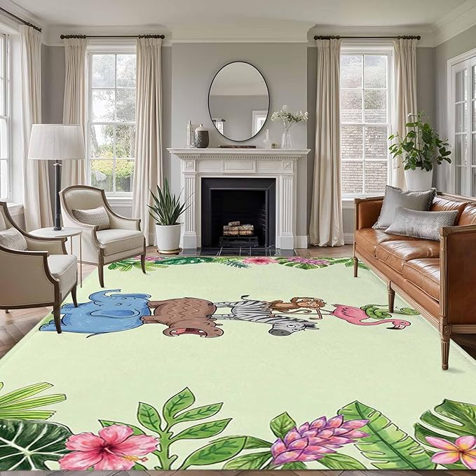 Area Rug 6x9ft, Funny Elephant Zebra Flamingo Washable Rugs for Living Room Bedroom, Tropical Leaves Floral Soft Non-Slip Area Rugs Rectangle Floor Carpet for Dining Room