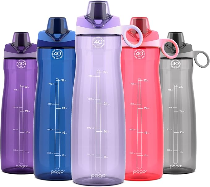 Pogo Plastic Water Bottle with Chug Lid and Carry Handle, Reusable, BPA Free, Dishwasher Safe, Perfect for Travel, School, Outdoors, and Gym | 18oz, 32oz, 40oz, 64oz