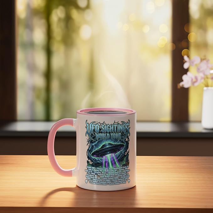 Vintage UFO Sightings World-Tour Cool-Looking Heavy-Metal Ceramic Mug, Pink/White