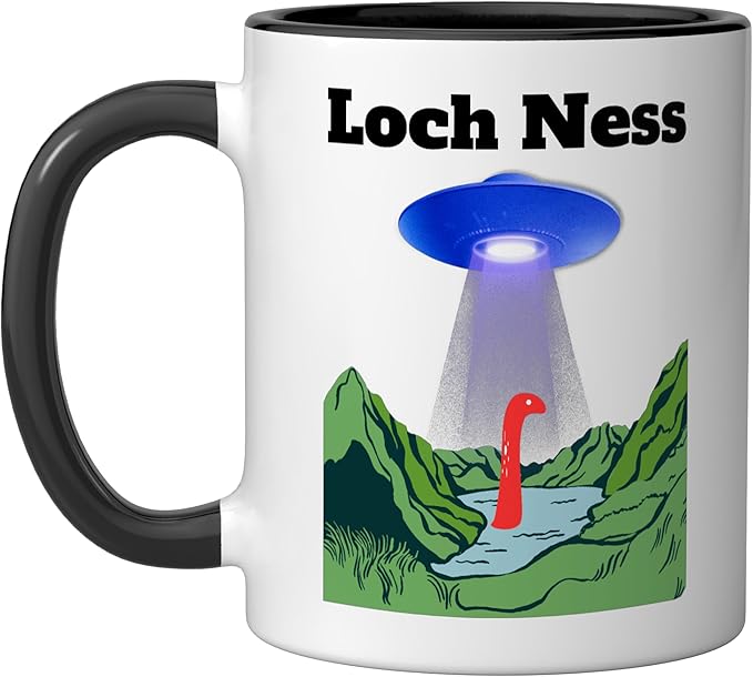 Funny UFO Loch Ness flying saucer Monster Nessie Scotland Ceramic Mug, Black/White