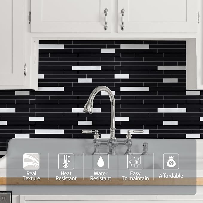 Yipscazo 20 Sheets Peel and Stick Stone Metal Tile Backsplash, Stick on Tiles for Backsplash Kitchen, Bathroom, Laundry Room, Camper, Fireplace (12'' X 12'', Polished Pure Black)