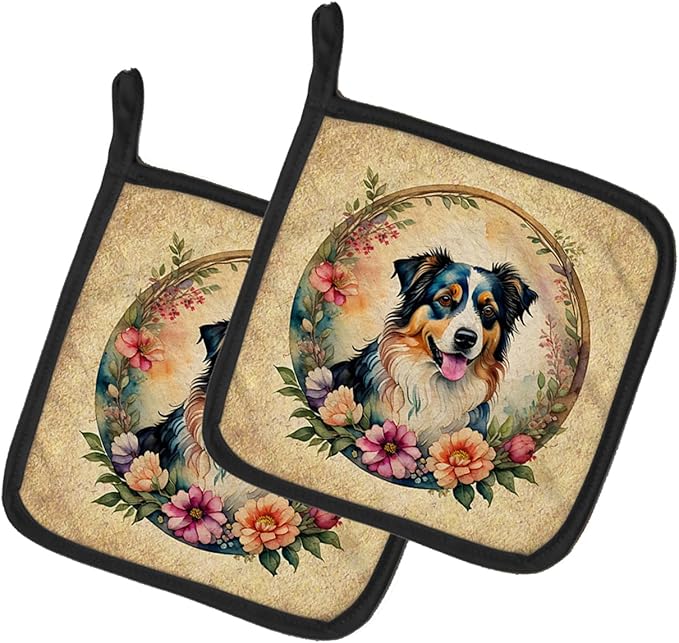 Caroline's Treasures Australian Shepherd and Flowers Pair of Pot Holders Kitchen Heat Resistant Pot Holders Sets Oven Hot Pads for Cooking Baking BBQ, 7 1/2 x 7 1/2