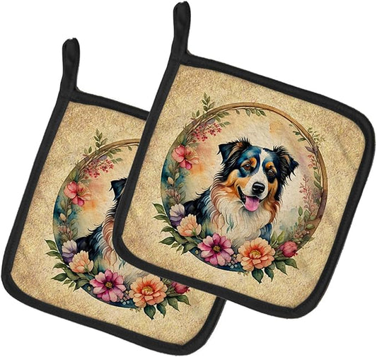 Caroline's Treasures Australian Shepherd and Flowers Pair of Pot Holders Kitchen Heat Resistant Pot Holders Sets Oven Hot Pads for Cooking Baking BBQ, 7 1/2 x 7 1/2