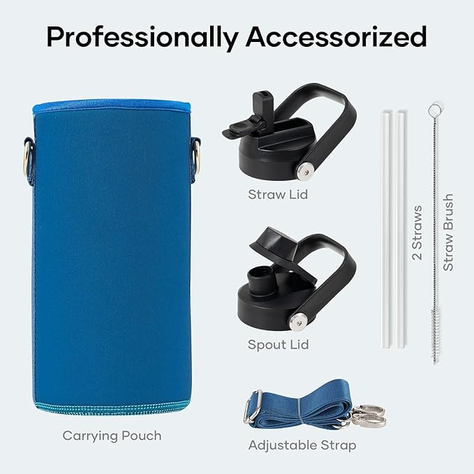 BUZIO 32 oz Water Bottle Insulated, Leakproof Stainless Steel Flask (Cold for 48 Hrs), Wide Mouth BPA-Free Metal Thermo Hydro Canteen with 2 Lids, Blue