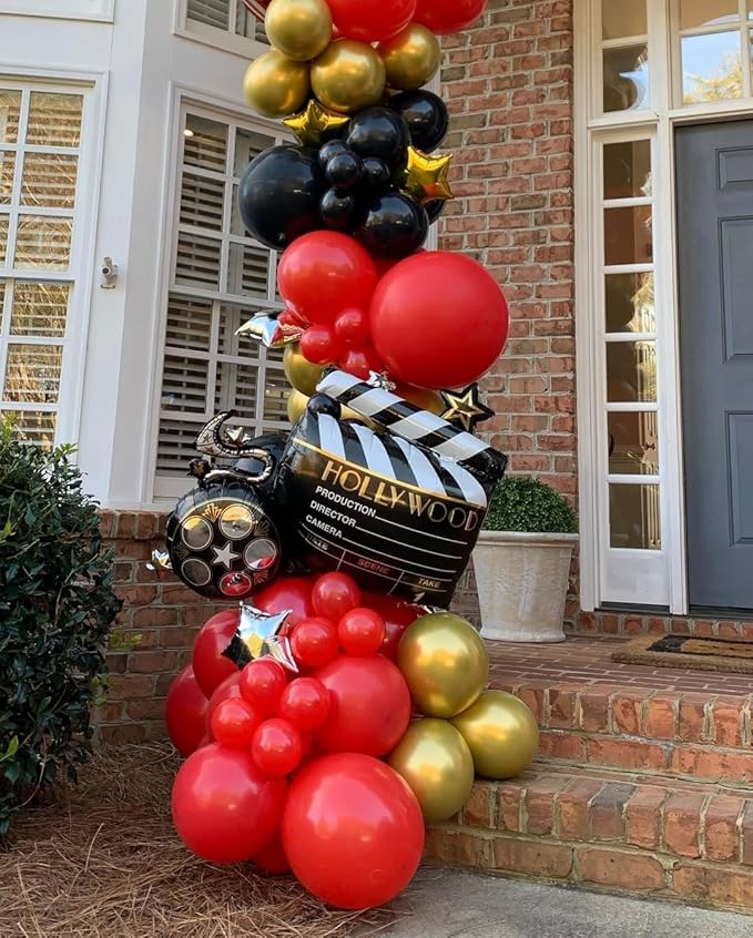 153Pcs Red and Black Gold Balloons Garland Arch Kit - 18 12 10 5 inch Different Size Black and Red Metallic Gold Balloons for Casino Anniversary Night Hollywood Movie Night Party Decorations