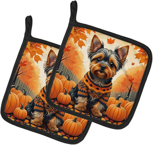 Caroline's Treasures DAC1081PTHD Yorkshire Terrier Fall Pair of Pot Holders Kitchen Heat Resistant Pot Holders Sets Oven Hot Pads for Cooking Baking BBQ, 7 1/2 x 7 1/2